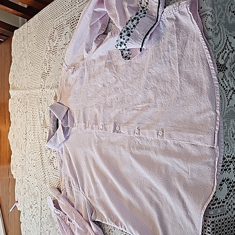 Men's Denim and flower pink button down dress shirt with navy Swiss dots